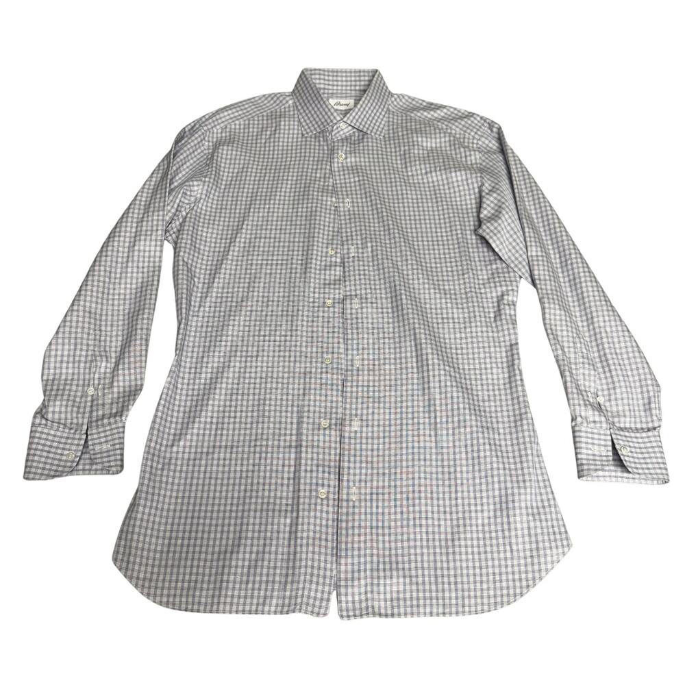 Brioni Dress Shirt Men’s 16.5 Blue Gray Check Luxury Cotton Italy